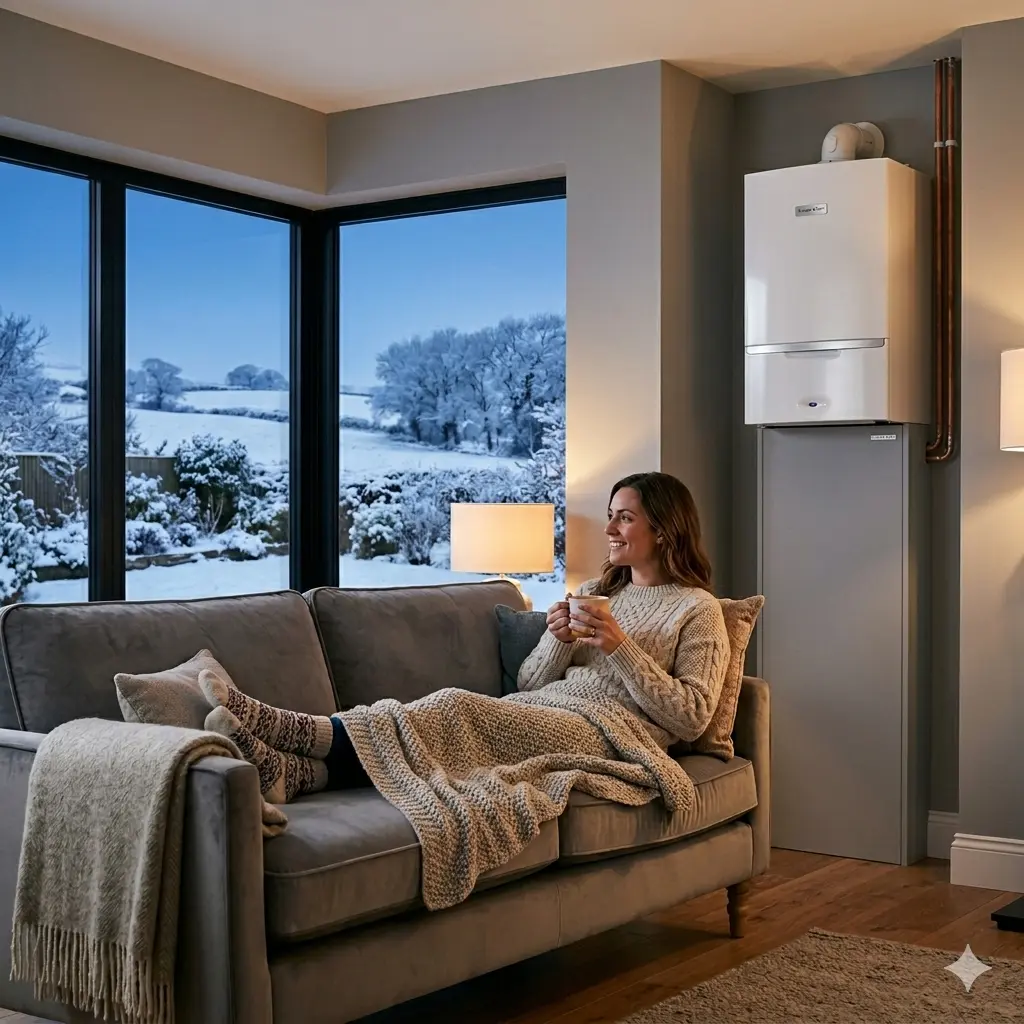 A woman relaxes with hot chocolate on a sofa, enjoying a cozy winter interior made possible by a Gas Safe certified Cooper and Son boiler installation. A sleek, wall-mounted boiler with neat, concealed pipework cabinetry is visible in the background, proving professional craftsmanship.