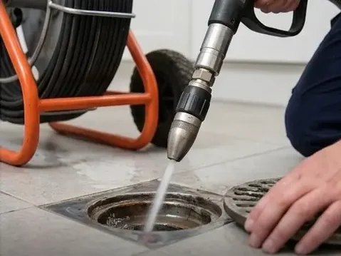 Drain being sprayed with pressure washer