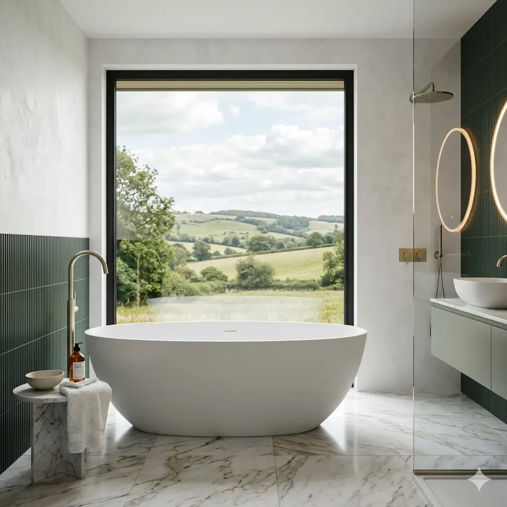 High-end, bespoke bathroom installation by Cooper and Son, featuring a freestanding oval bath in front of a floor-to-ceiling window with a panoramic British countryside view.