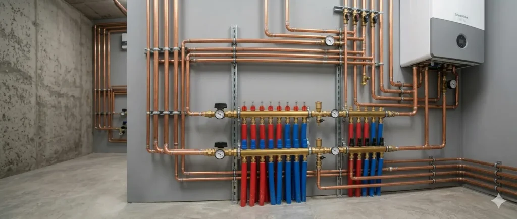 boiler room with copper pipe manifold