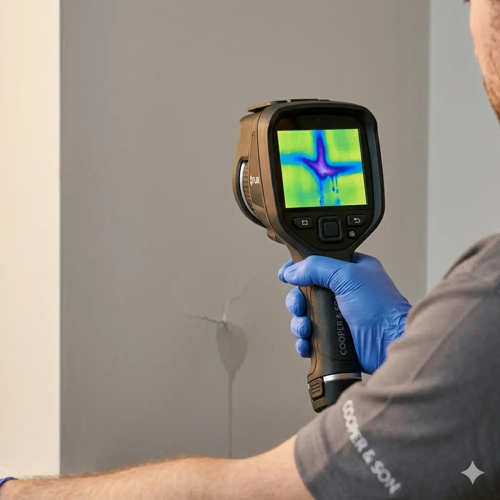 Close-up of a Cooper and Son technician using an advanced thermal imaging camera to perform non-destructive leak detection. The camera screen displays a high-contrast heat signature pinpointing a hidden cold water pipe leak behind a smooth, painted grey wall.